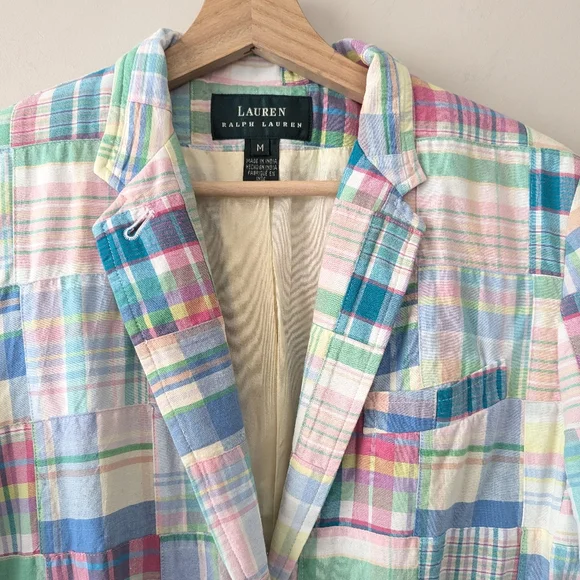 Vintage Ralph Lauren Madras Plaid Pastel Patchwork Blazer - Picture 2 of 13